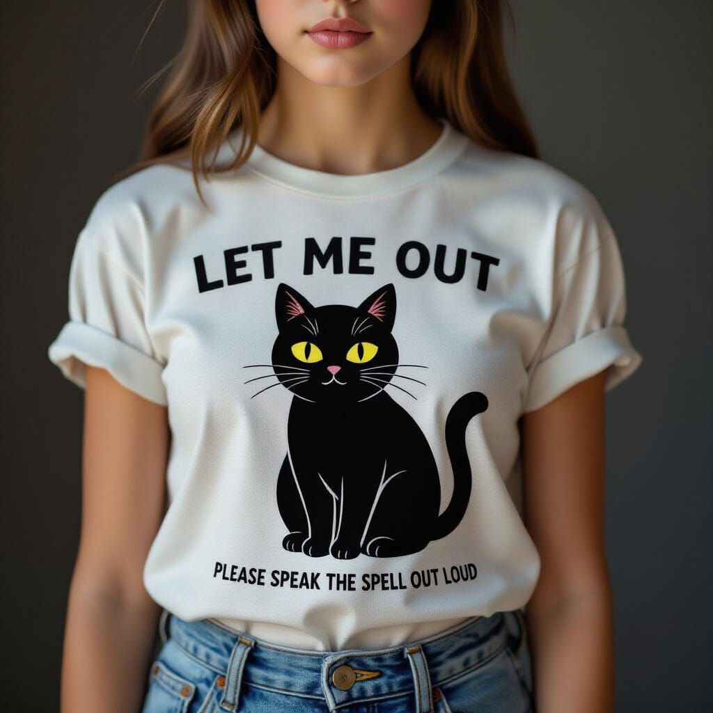 Photorealistic Portrait of Girl with Black Cat T-Shirt