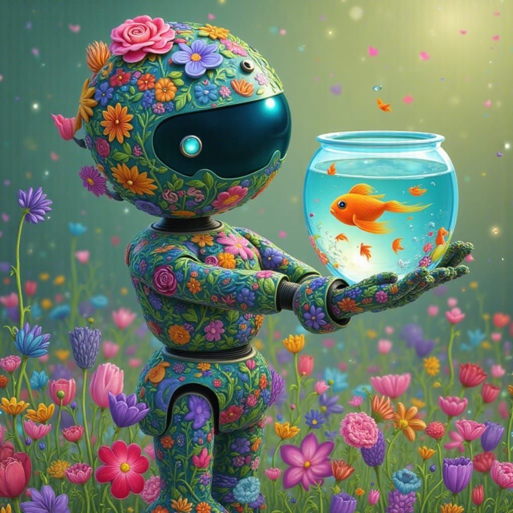 Cute Robot Holding a Fishbowl Illustration