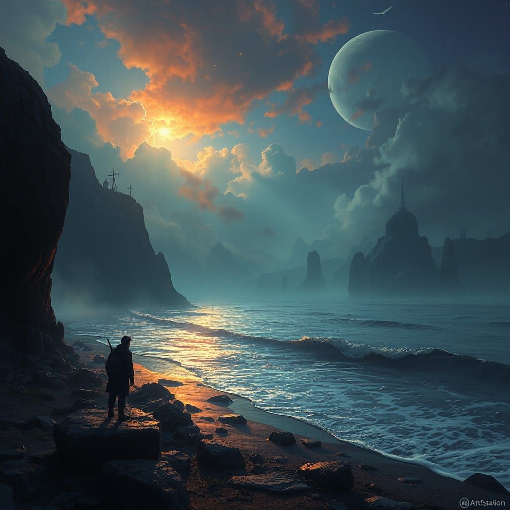 Lonely Night Landscape in Deep Fantasy Colors