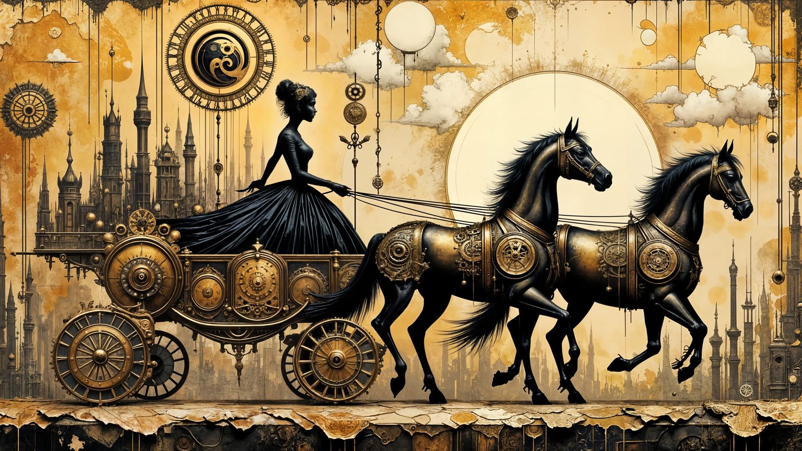 Victorian Princess in Steampunk Carriage in Art Nouveau City