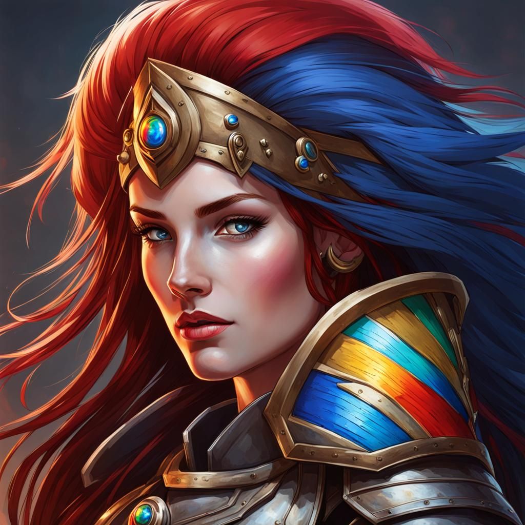 Heterochromatic Paladin Woman with Rainbow Armor