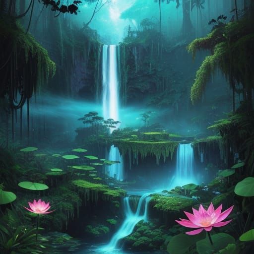 Bioluminescent Jungle Oasis in Detailed Matte Painting Style