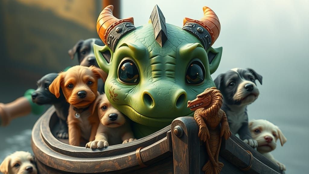 Dragon and Puppies in Whimsical Storybook Scene