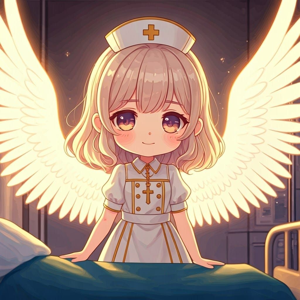 Chibi Angel Girl in Victorian Nurse Uniform with Glowing Win...