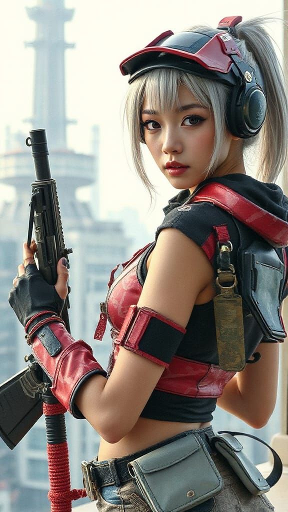 Cyberpunk Mecha Girl with Gun in Watercolor Style