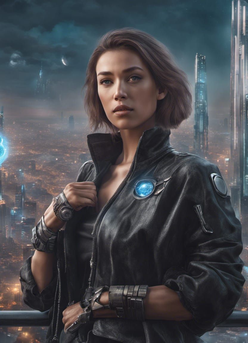 Futuristic Woman in Sci-Fi City, Digital Art
