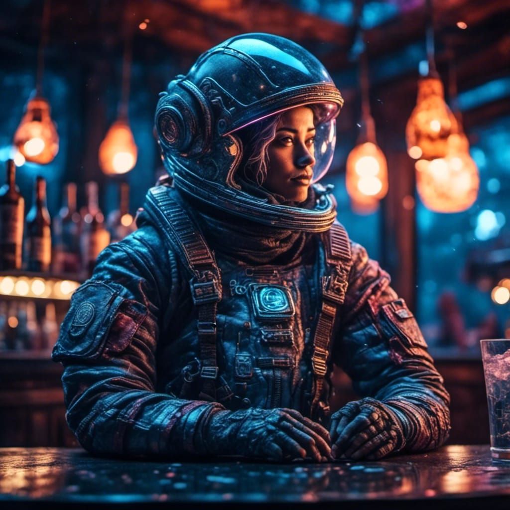 Cyberpunk Astronaut in Urban Bar Illustration