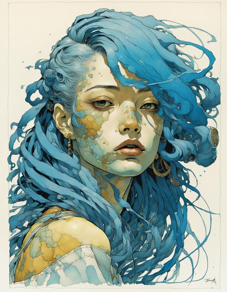 Blue-Haired Woman in Color Block Style