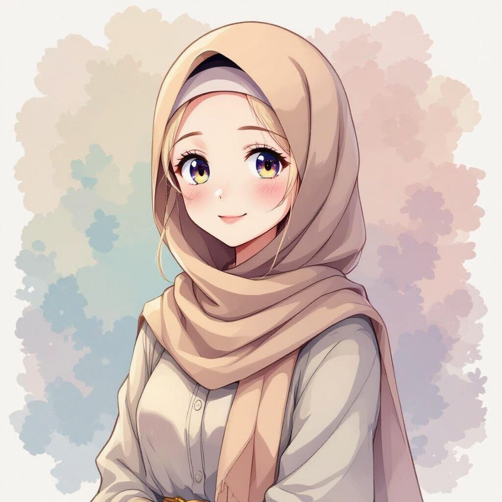 Anime Girl in Hijab with Watercolor Aesthetic