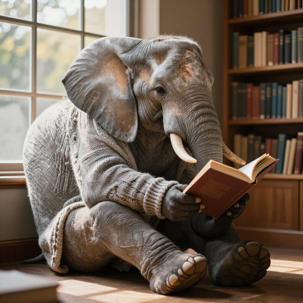 Silver-Haired Elephant Reads Book in Cozy Library