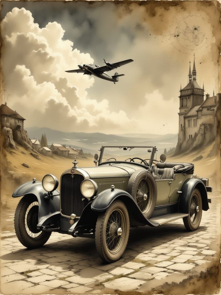 Vintage Travel Poster: Antique Car & Aircraft