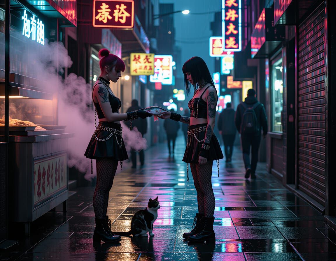 Goth Girl Gives Fish to Cat in Cyberpunk Alley