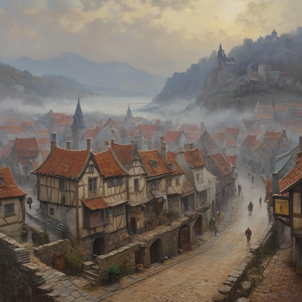 Misty Medieval Town in Oil Painting Style
