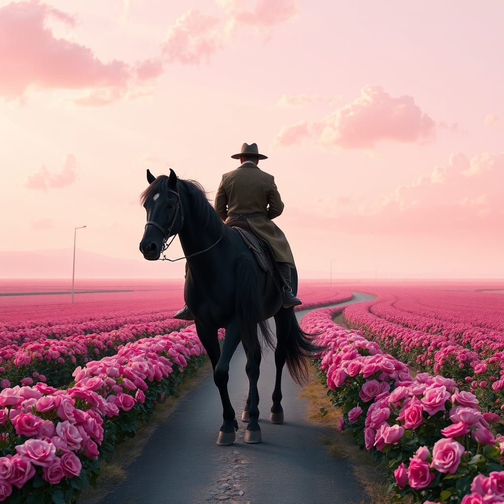 Gentleman Rides Majestic Stallion Through Field of Pink Rose...