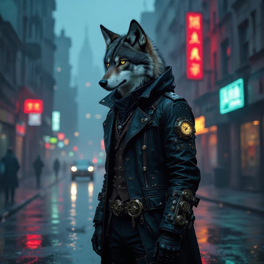 Steampunk Cybernetic Wolf in Gritty Cityscape