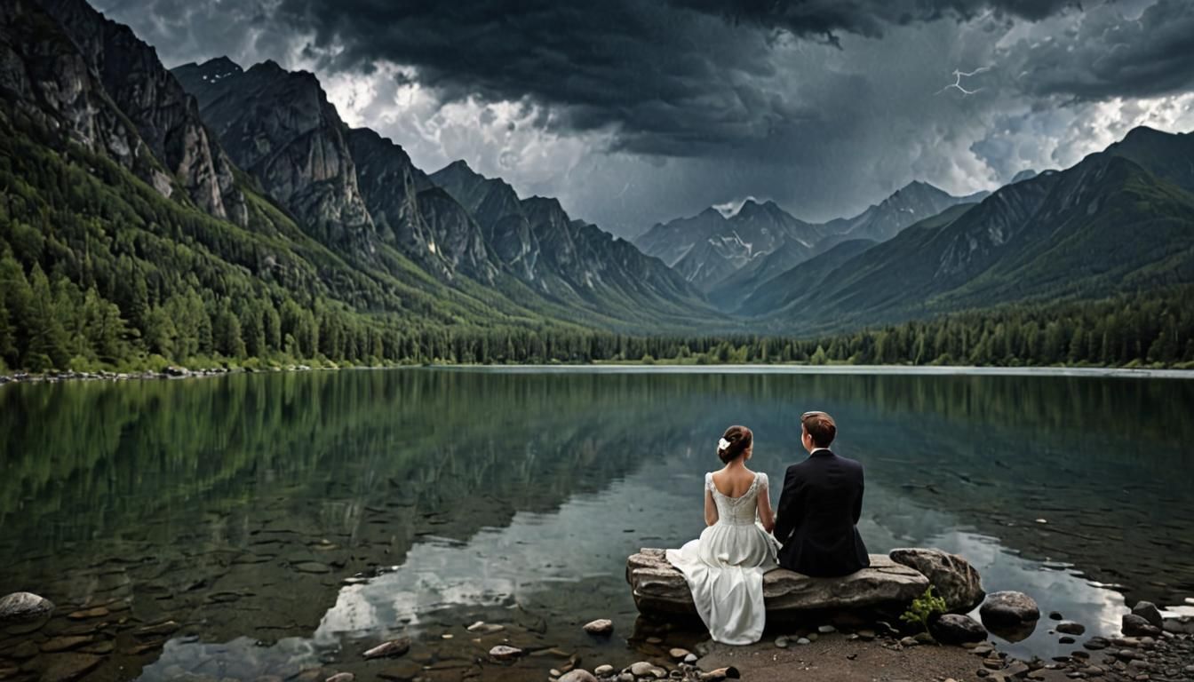Majestic Couple Gracefully Seated Lakeside