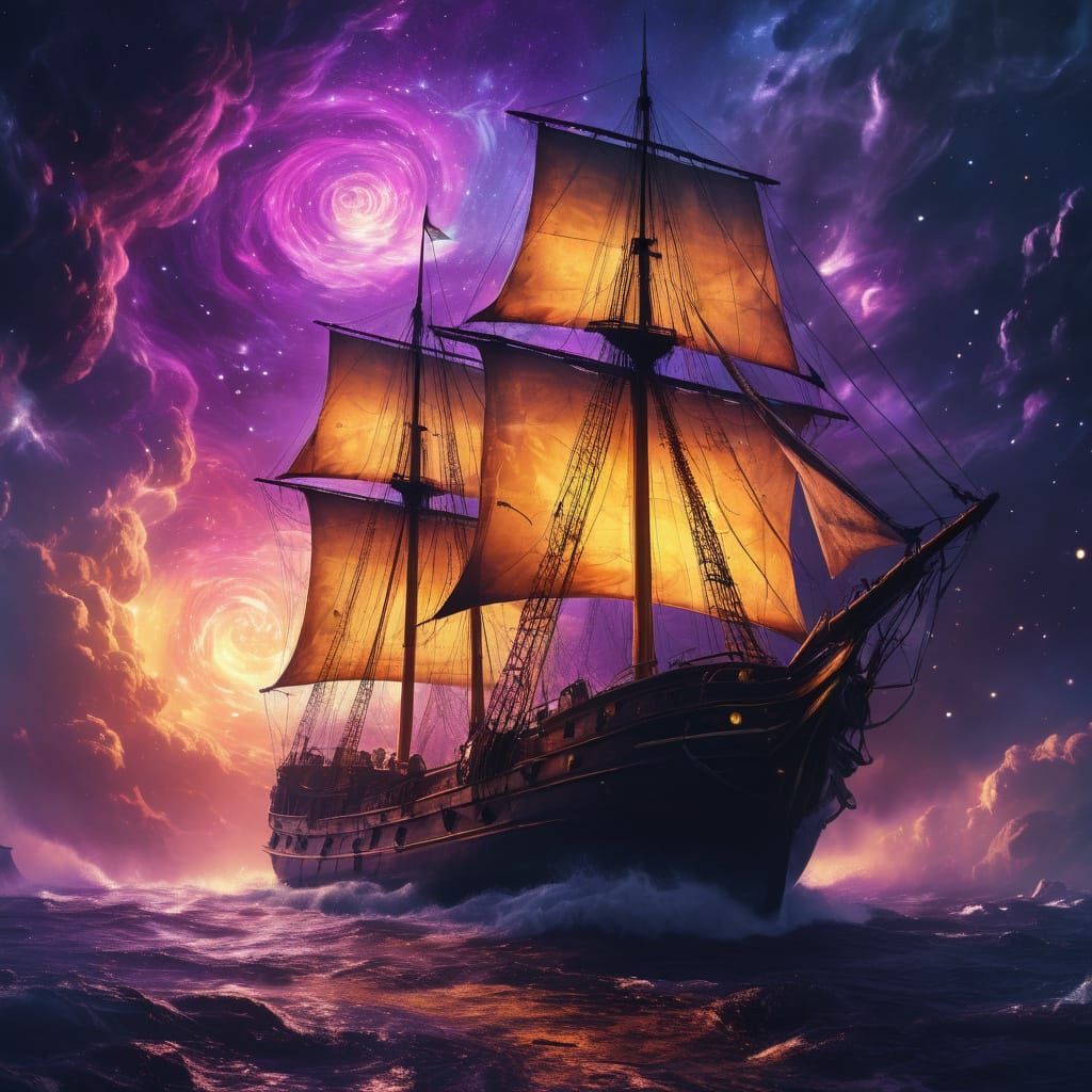 Schooner Sailing Through Nebula in Fantasy Style
