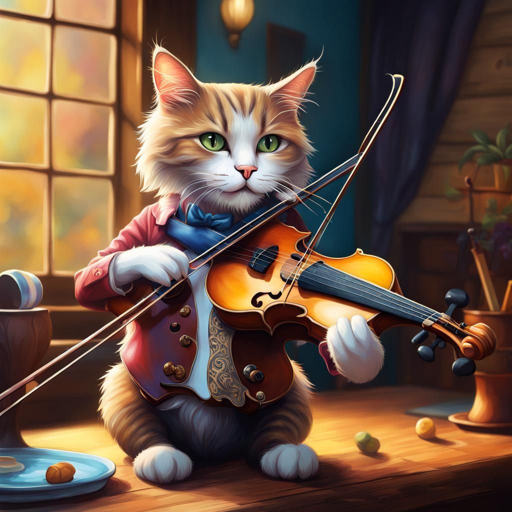 Hyperrealistic Bard Cat Plays Fiddle