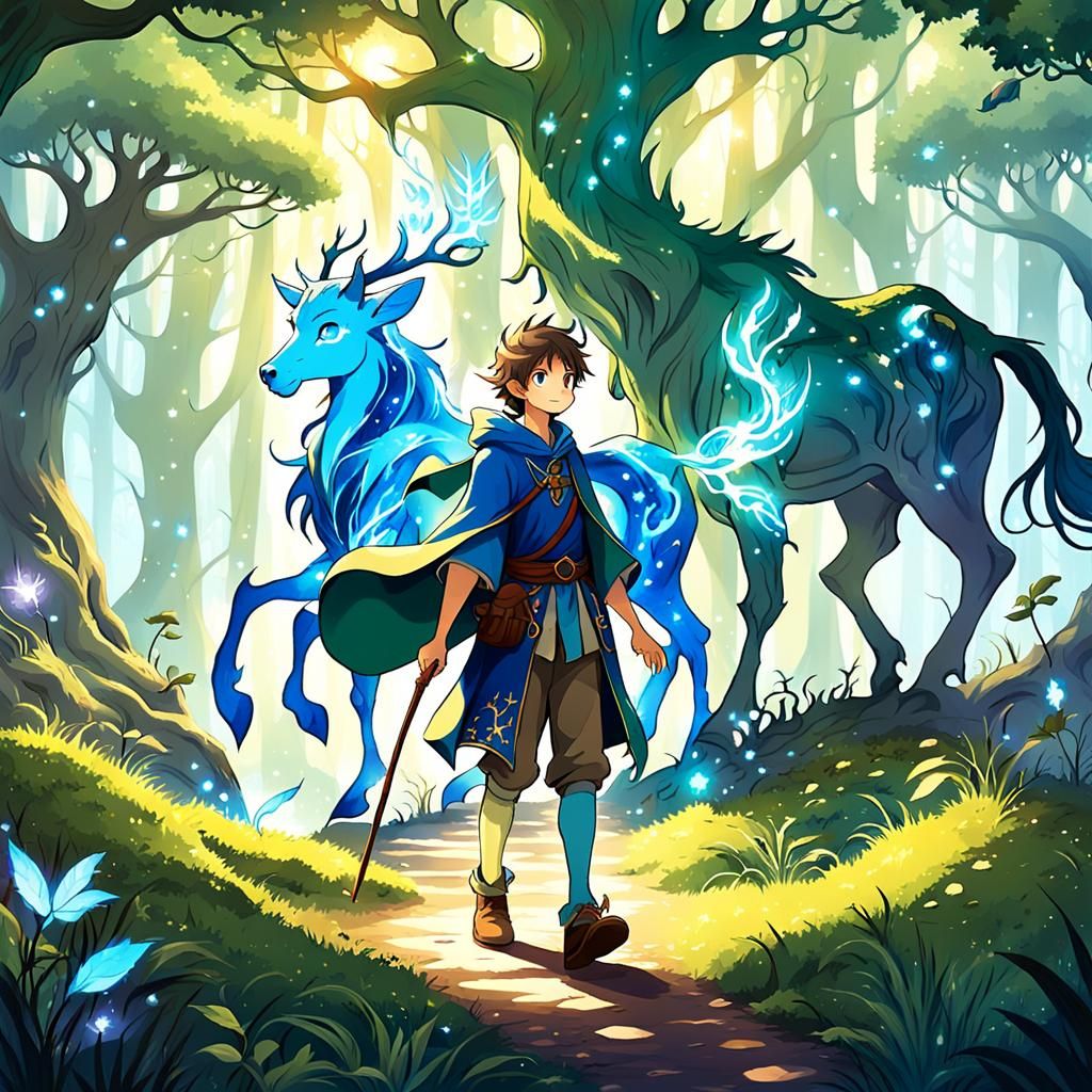 Anime Wizard Boy in Enchanted Forest