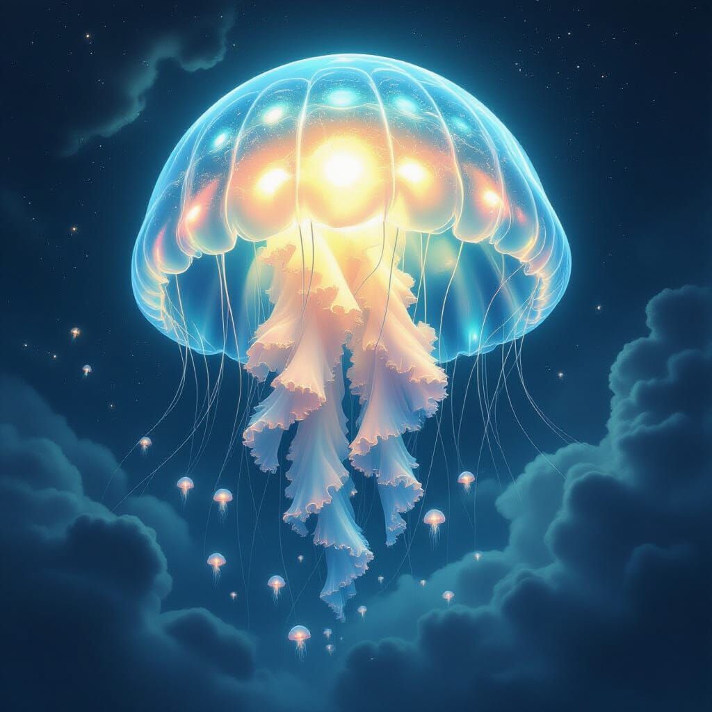 Giant Bioluminescent Jellyfish Drifting Through Gas Giant At...