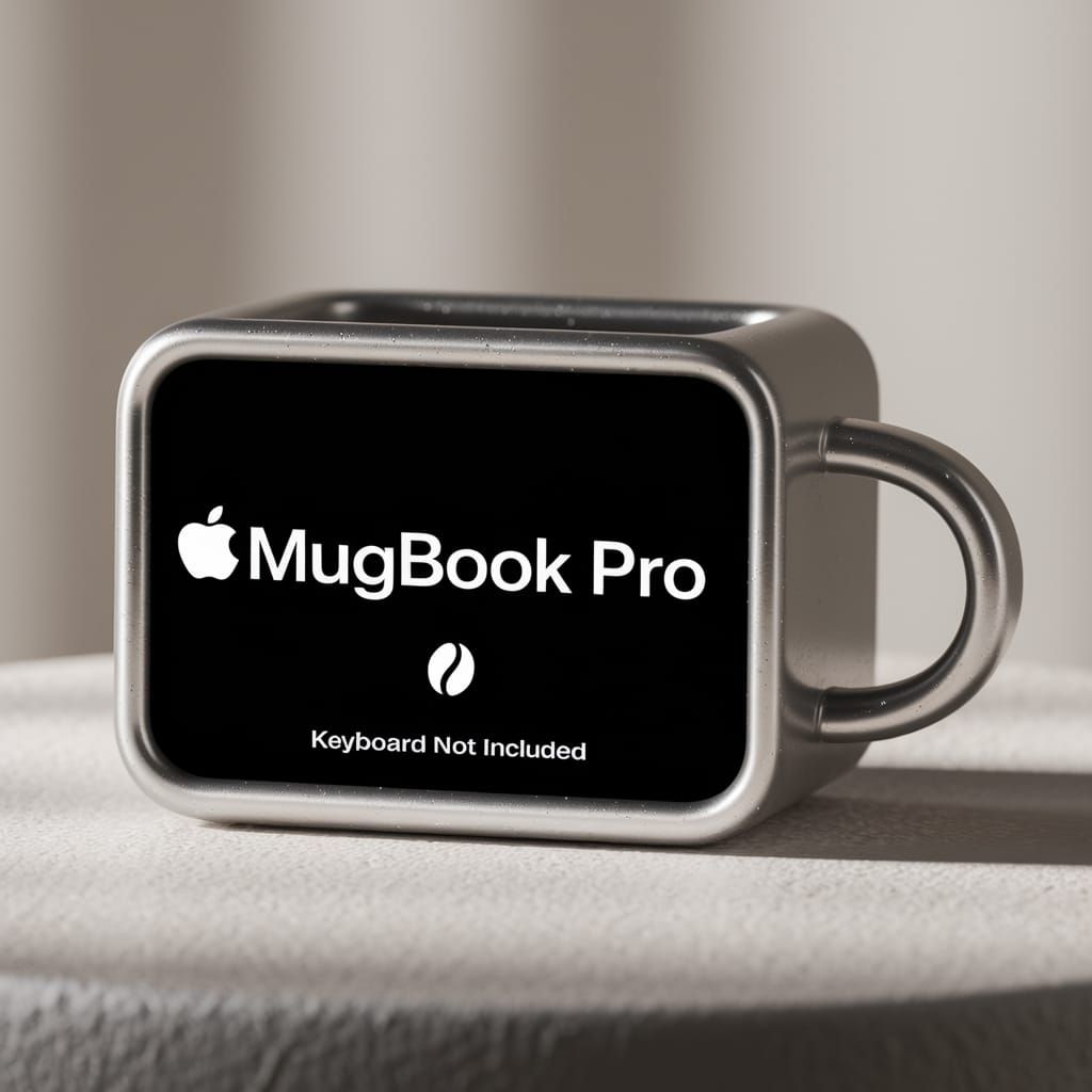 This digital photo showcases a ceramic coffee mug cleverly designed to resemble an Apple MacBook Pro, featuring a rectan...