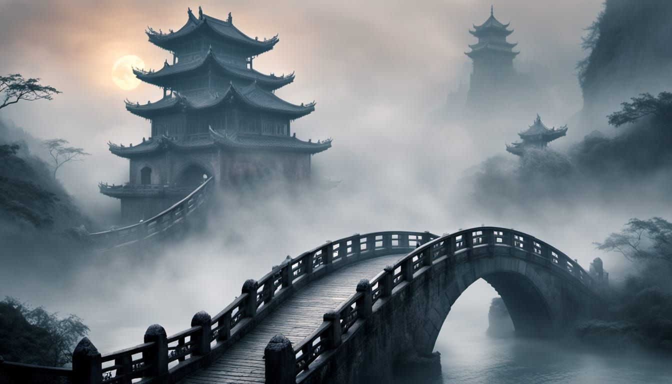 Ethereal Foggy Chinese Castle at Dusk