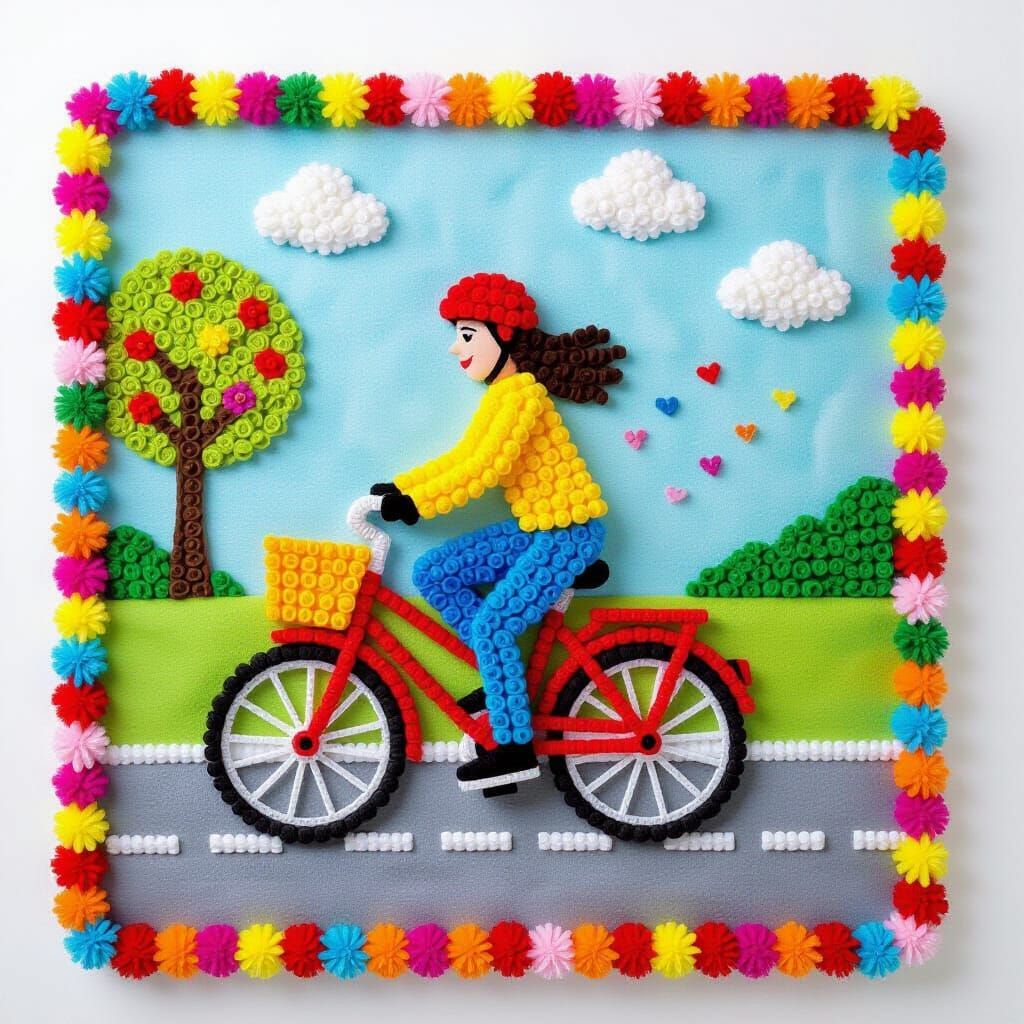 Colorful Pom Pom Bicycle Scene Art