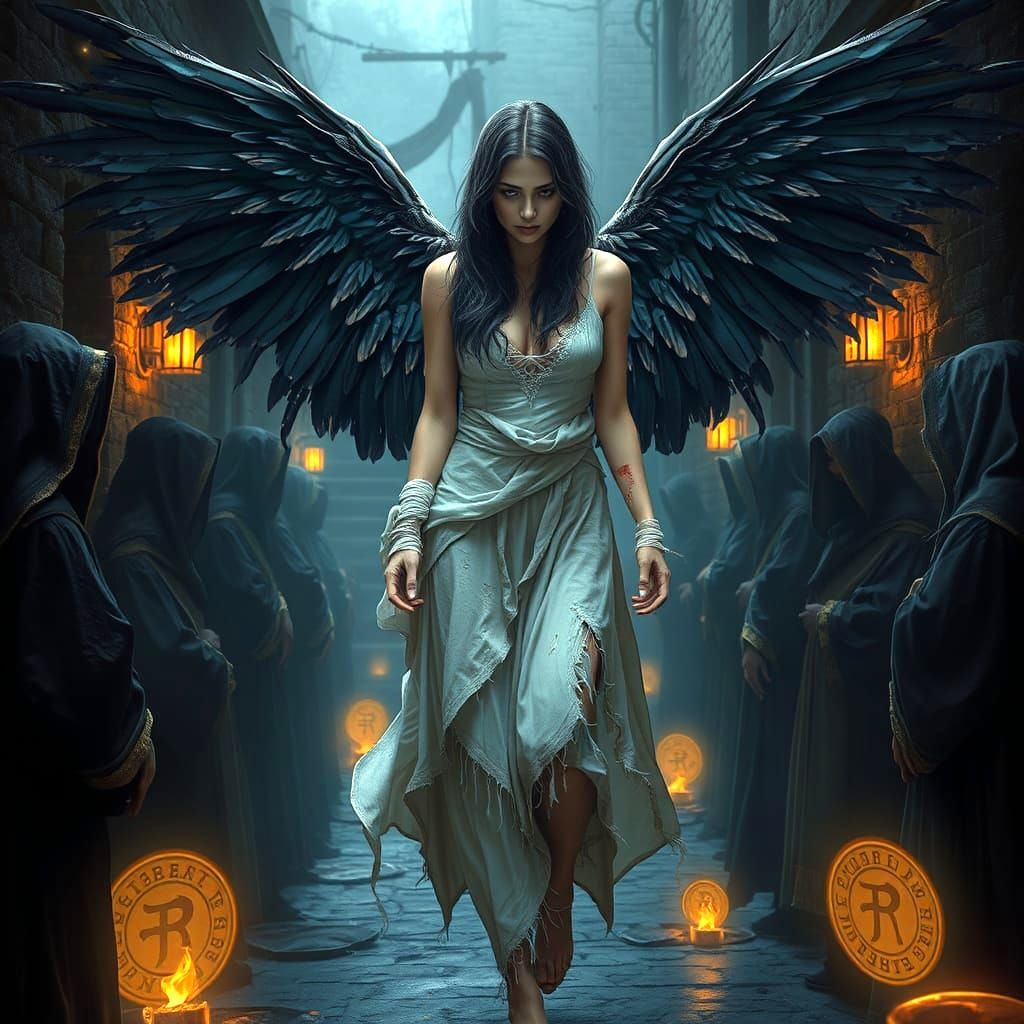 Mystical Young Woman with Dark Wings in a Gloomy Alley