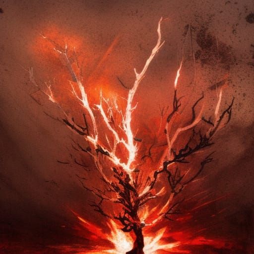 Burning Desert Tree Under Night Sky