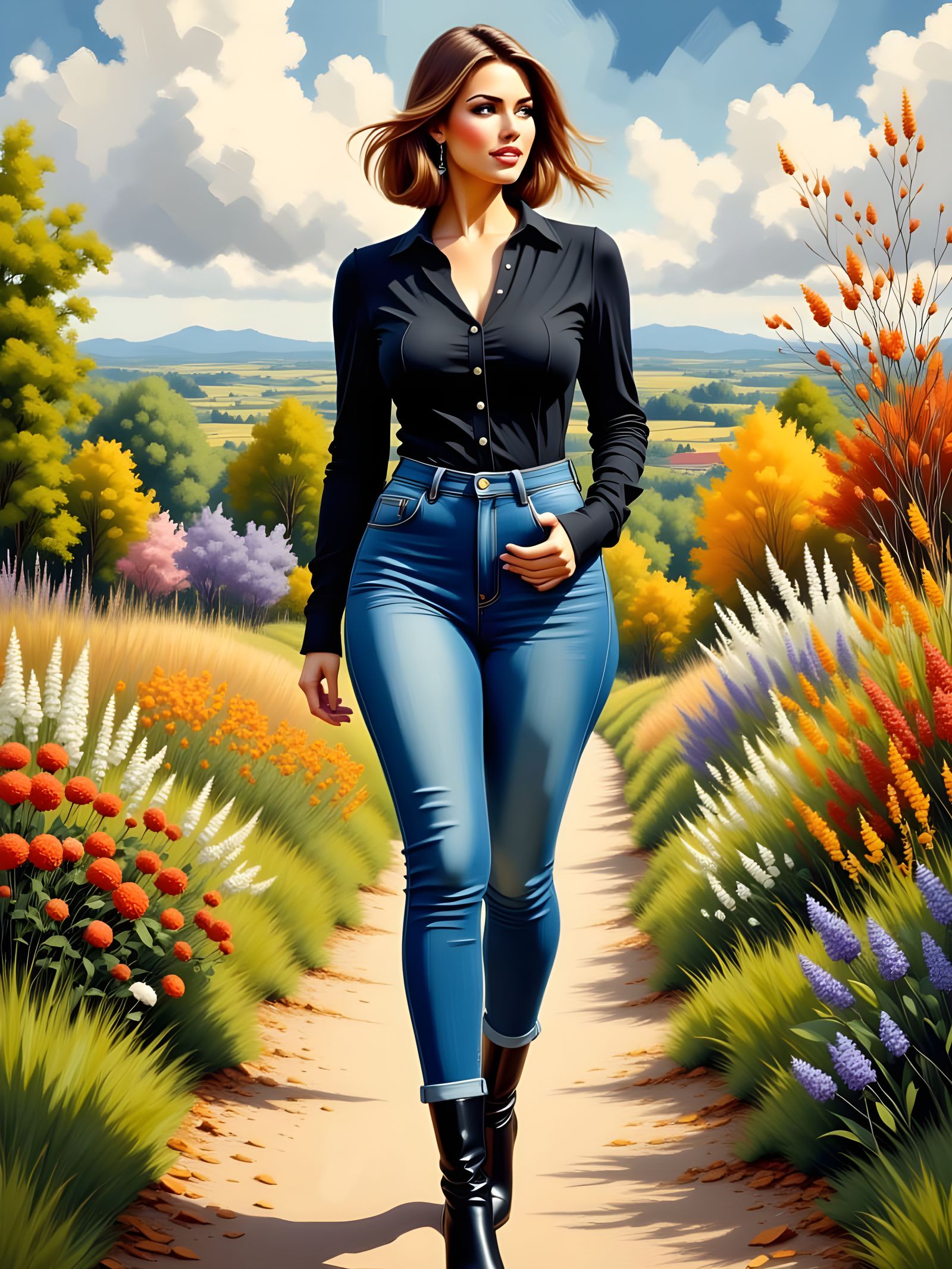 Woman in English Landscape, Alphonse Mucha Style