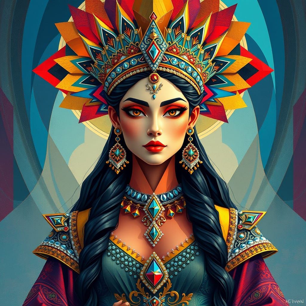 Ethereal Goddess of Fortune in Neo-Cubist Art Deco Style