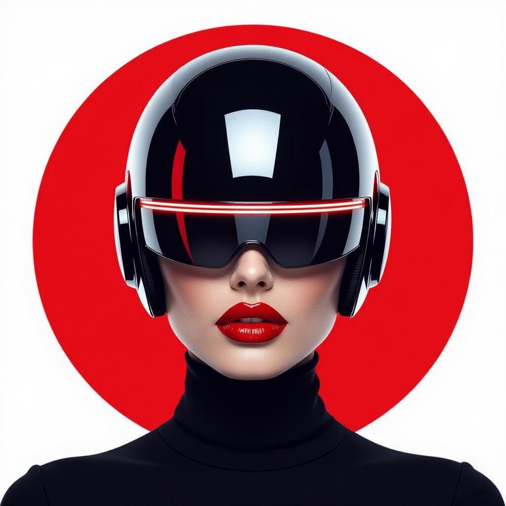Cyberpunk Woman with Metallic Helmet and Red Lipstick