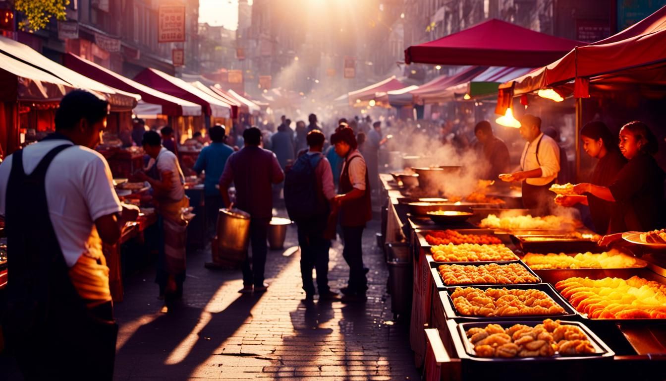 Vibrant Street Food Market in Impressionist Style
