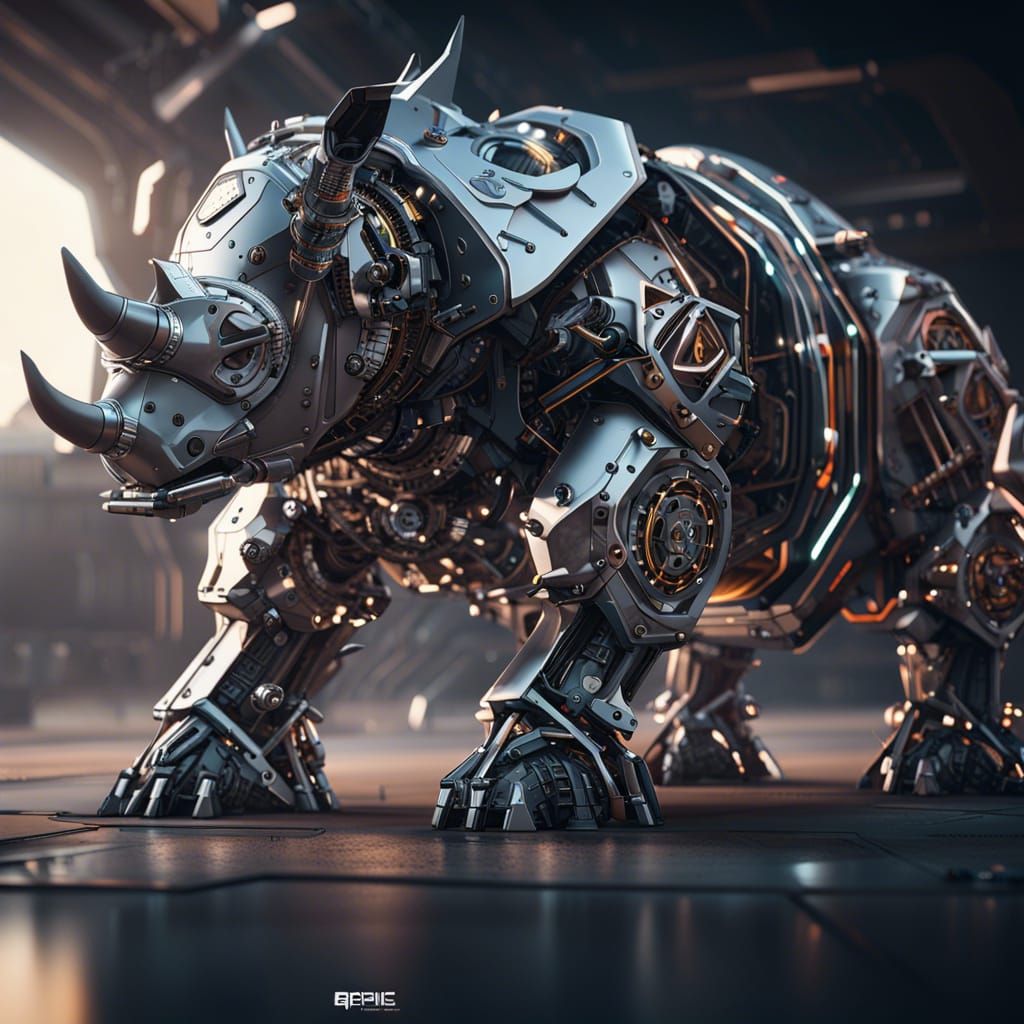 Giant Mechanical Rhino in Sci-Fi Cityscape