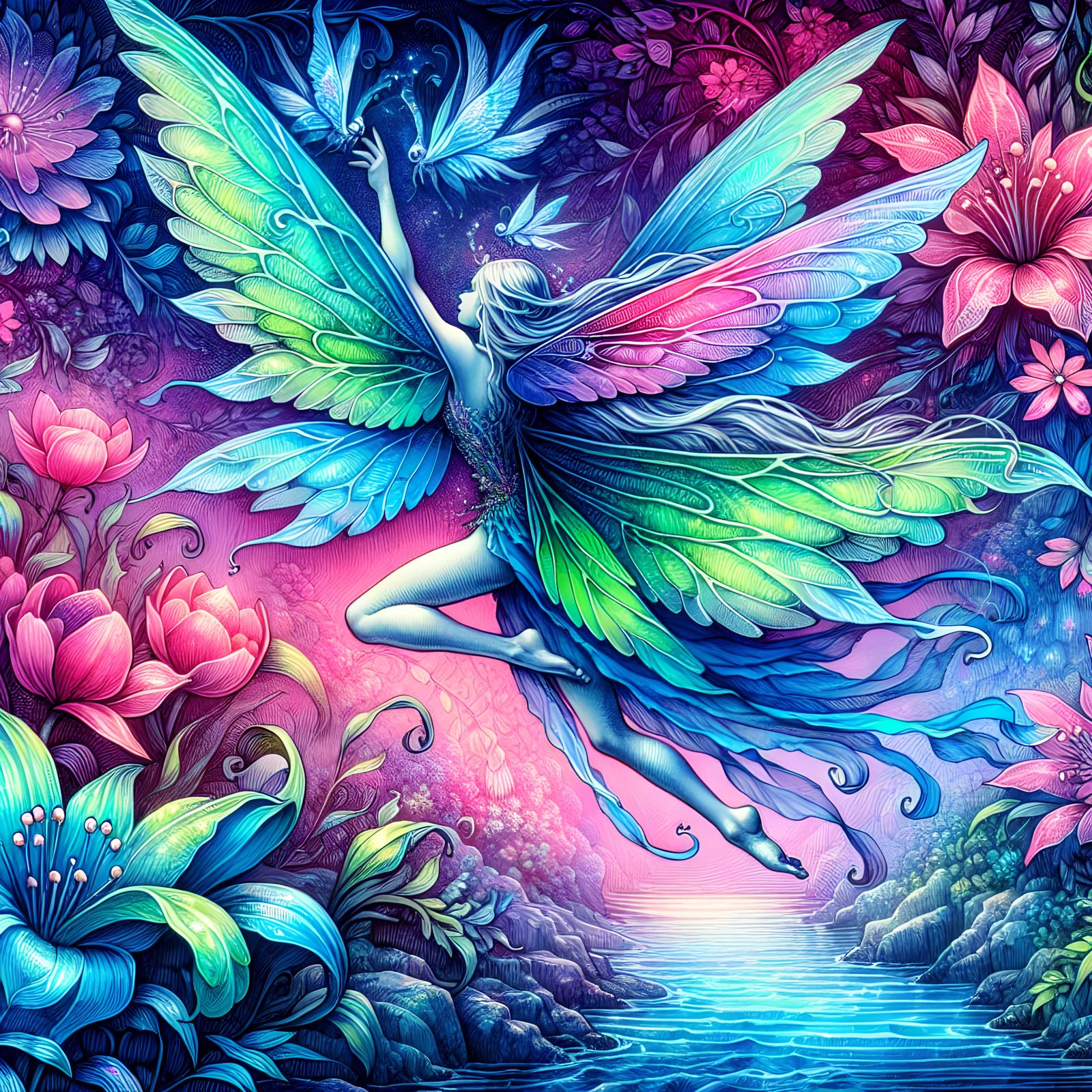 Enchanted fantasy fairy, enchanted flowers, beautiful perfec...