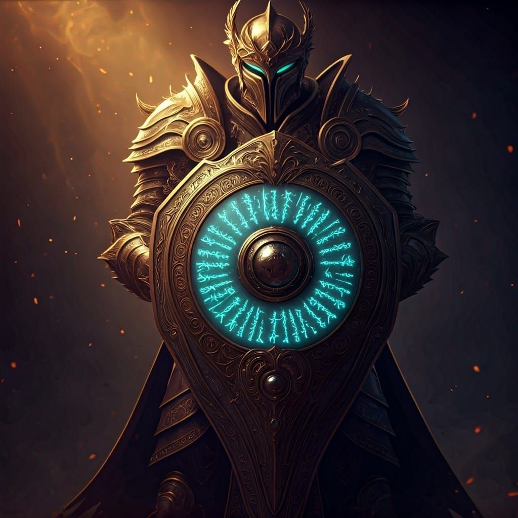 A Warrior holding a fantasy shield glowing with magical symbols in a mystical setting.