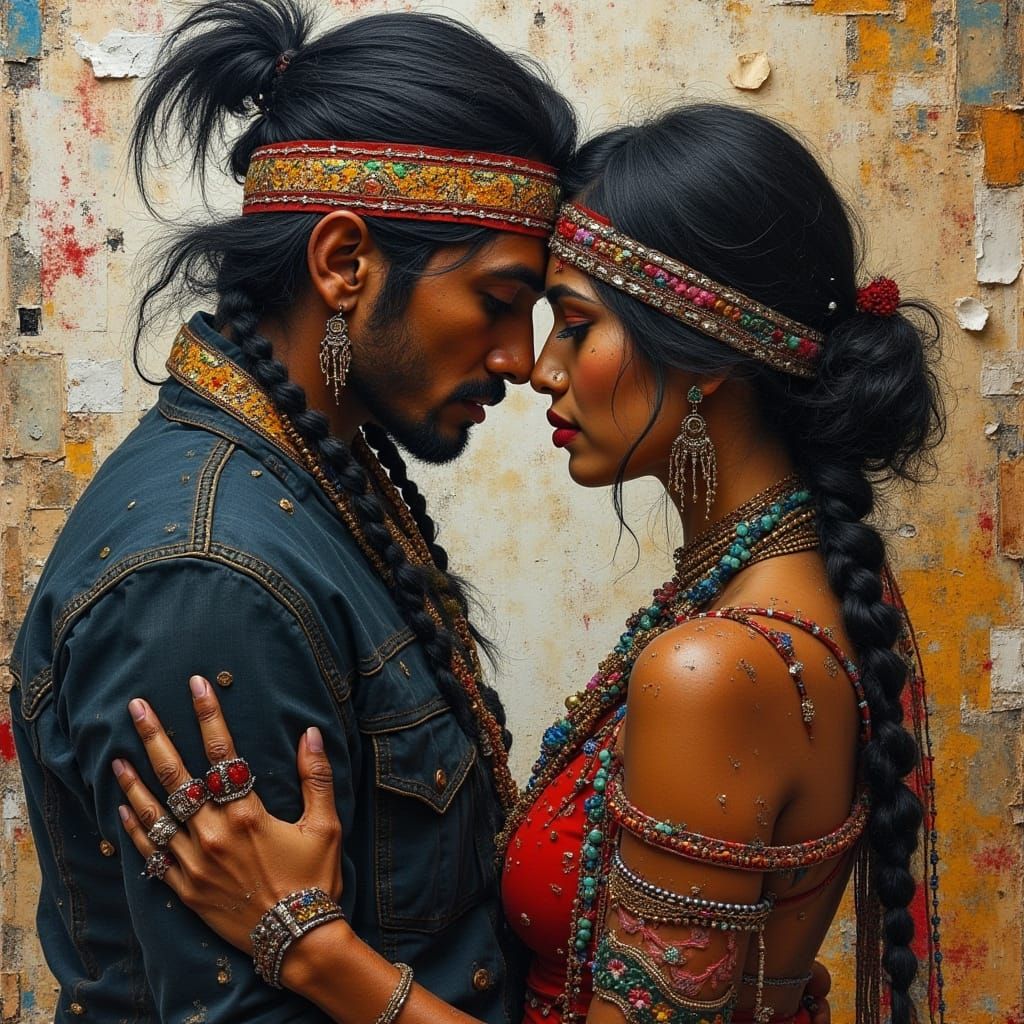 Intimate Indian Couple in Moody Mixed Media Collage