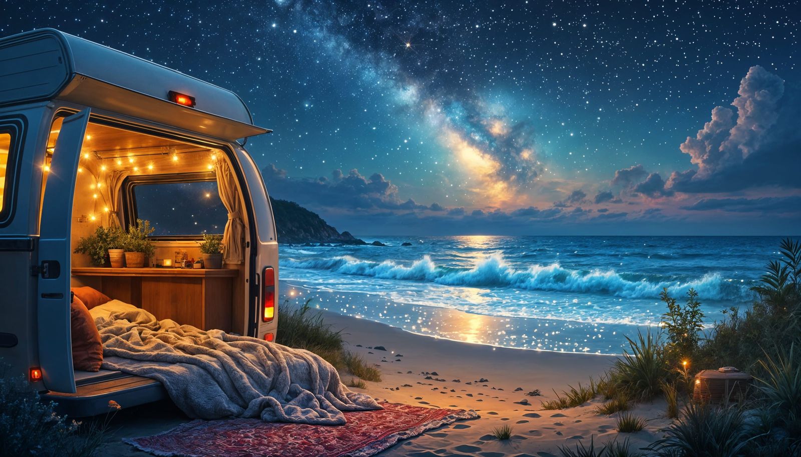 Boho Camper Van View of Bioluminescent Galaxy Beach