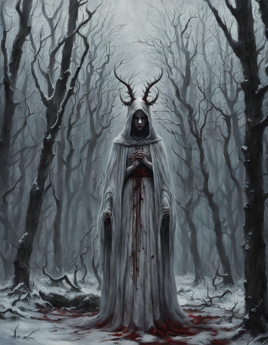 Ghostly Fallen Angel in Haunted Winter Woods