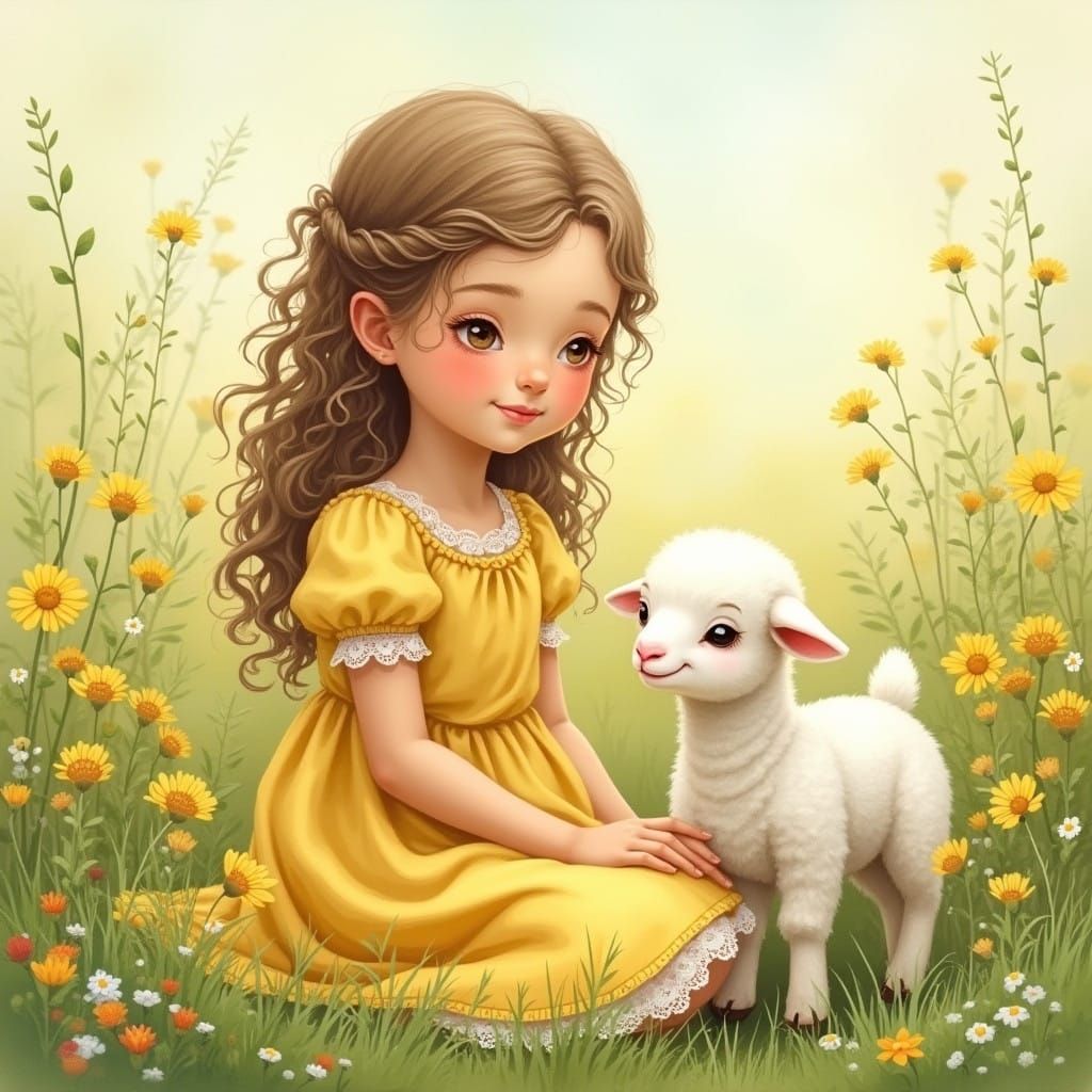 Whimsical Portrait of Mary and Her Gentle Lamb in a Sunlit M...