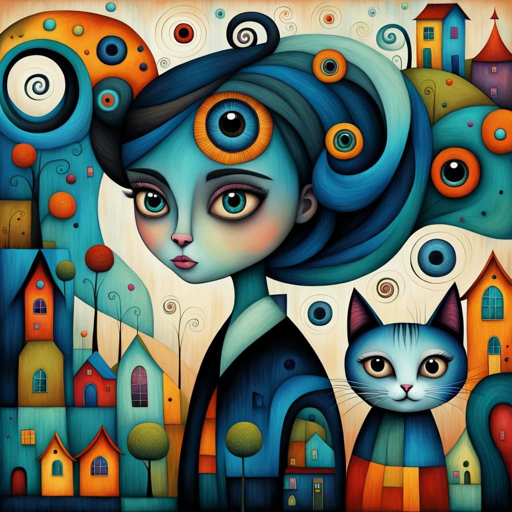 A woman with abstract hair, a cat.....