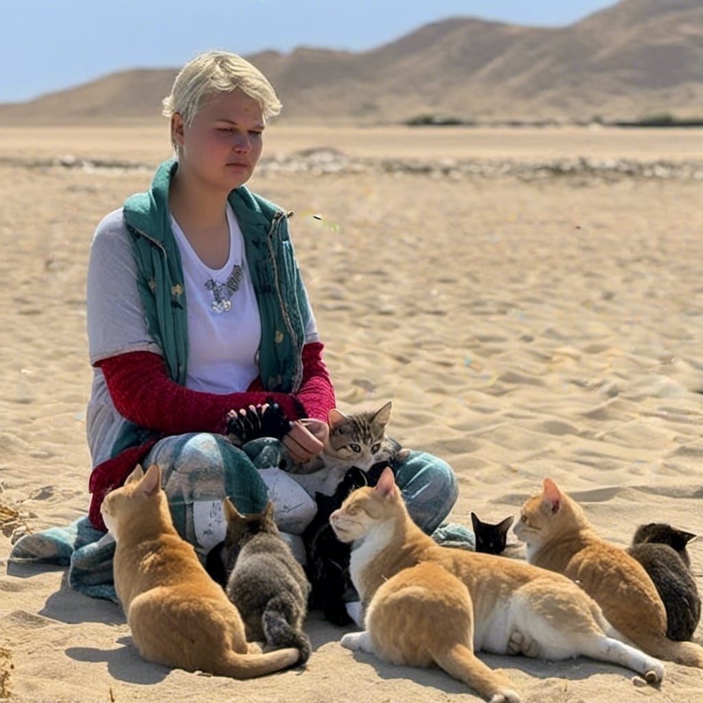 Woman Feeding Cats by the Red Sea
