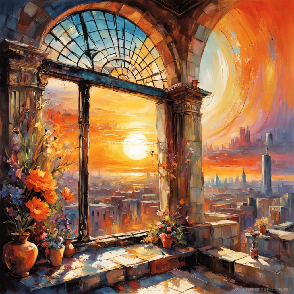 Abstract Sunset Cityscape as Impasto Oil Painting
