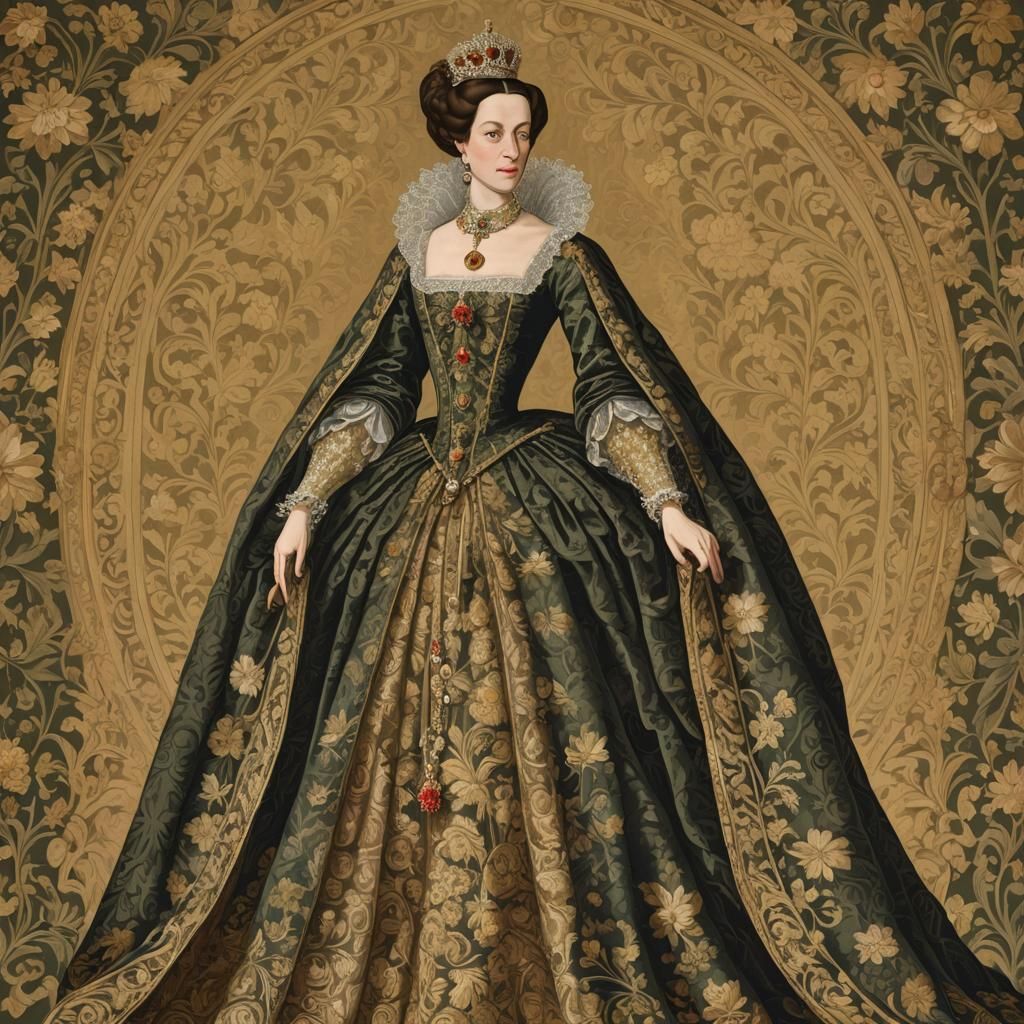 Elaborate Royal Fashion: Woman in Gold Brocade Gown