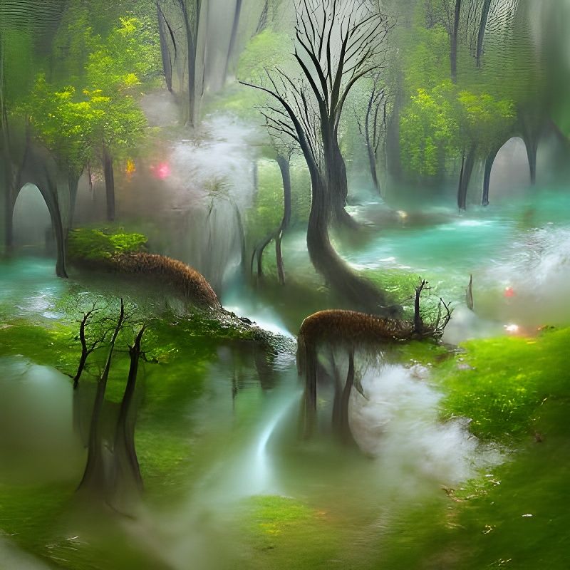 Enchanted Forest: Misty Trees and Stream