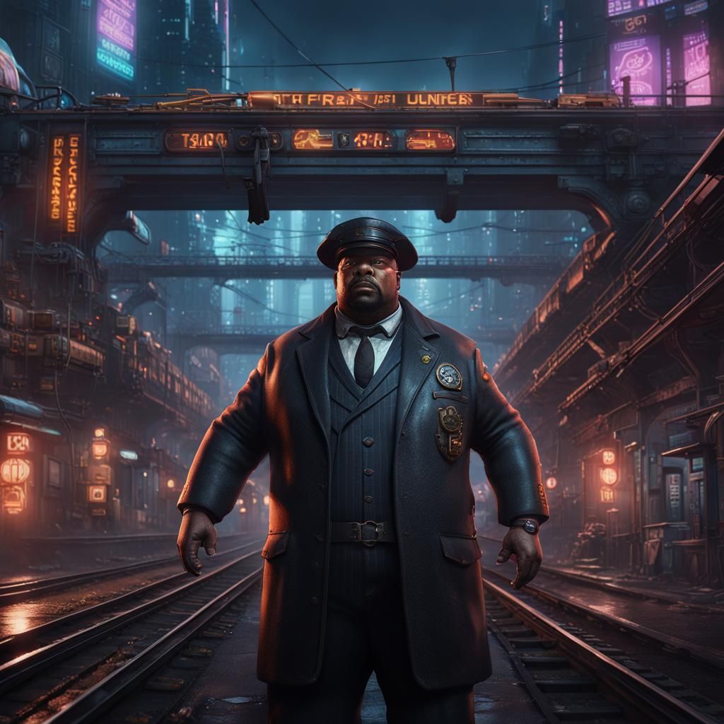 Cyberpunk Train Conductor in Detailed Matte Painting