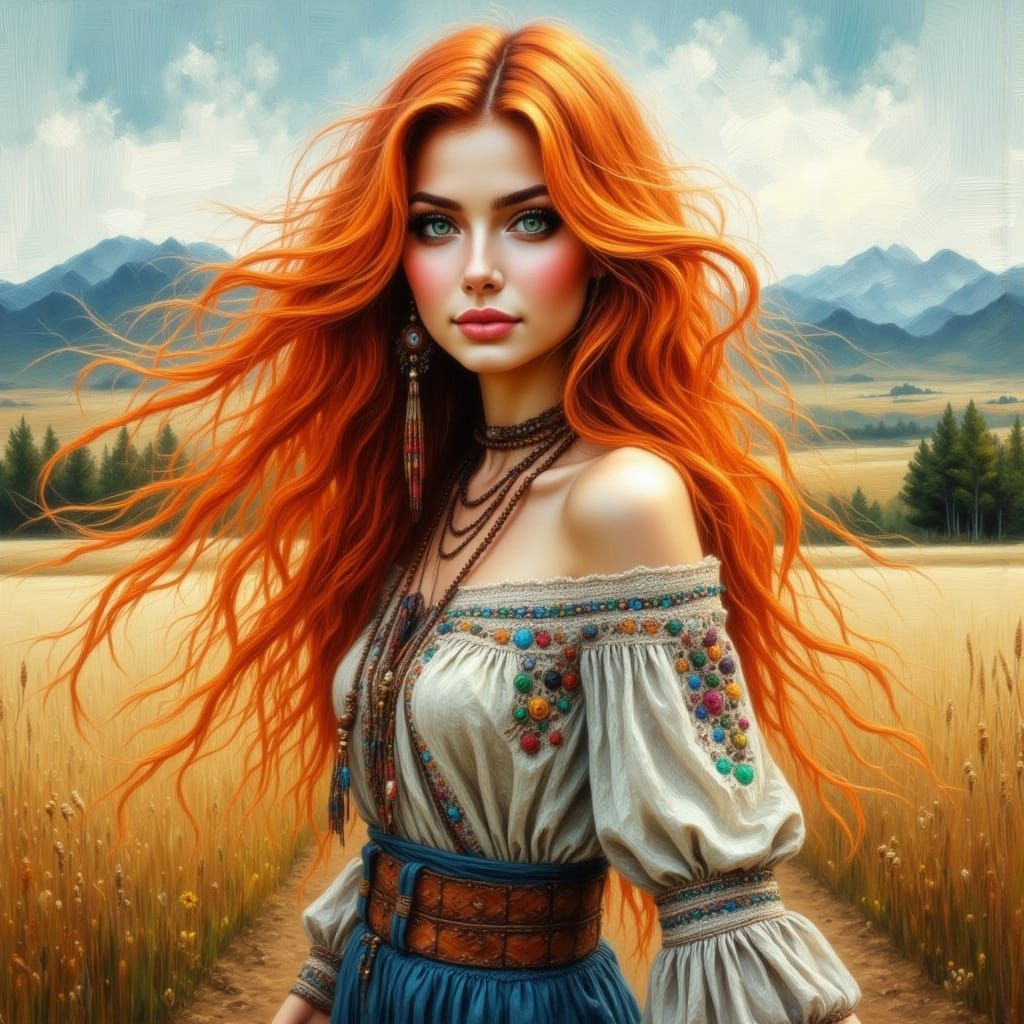 Woman in Ukrainian Attire in Carpathian Mountains Oil Painti...