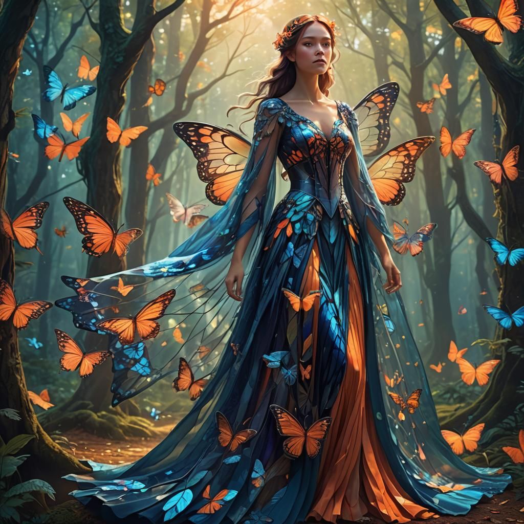 Woman in Butterfly Dress in Mystical Forest