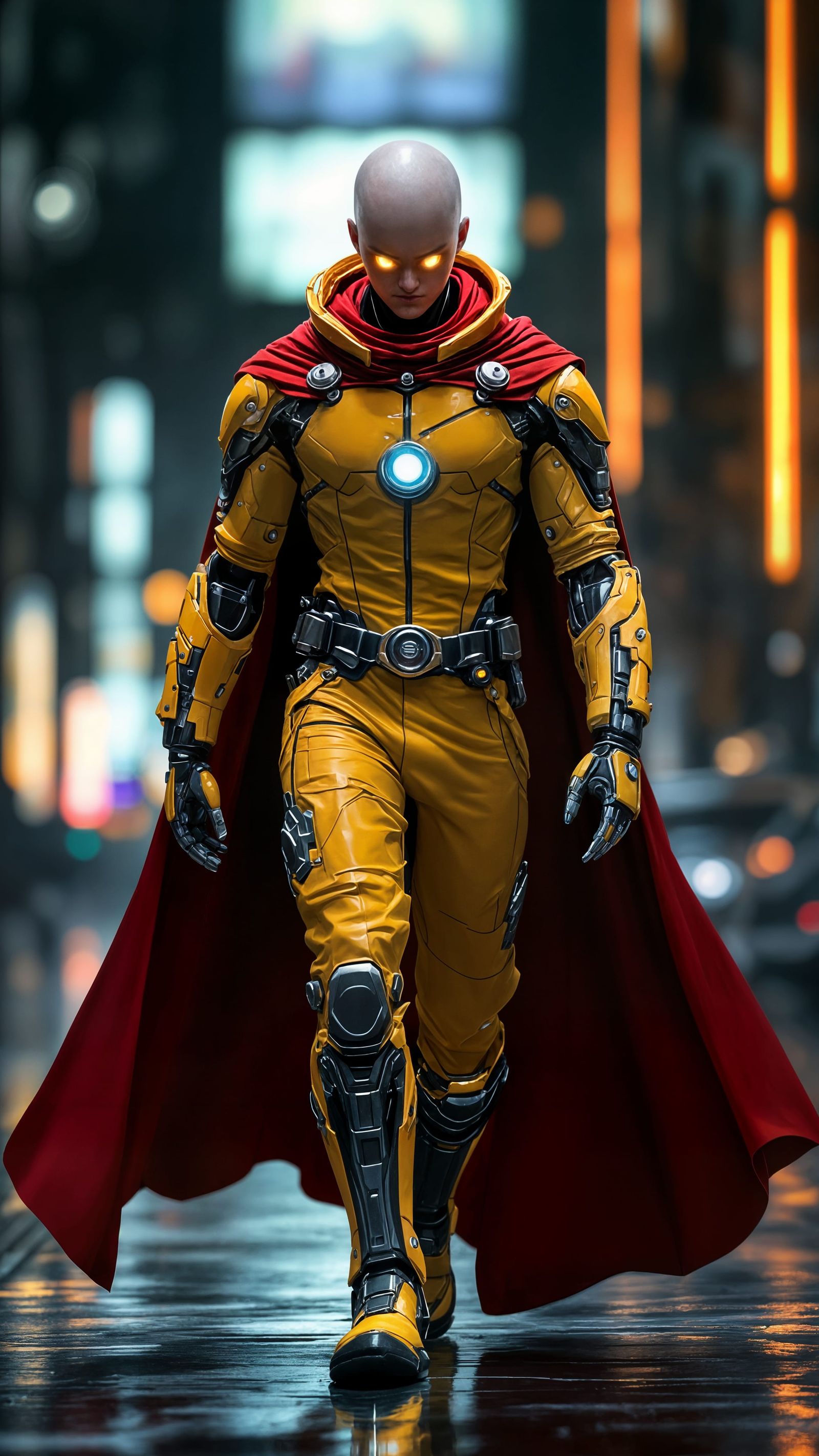 Cyberpunk Saitama Strides Forward with Intensity