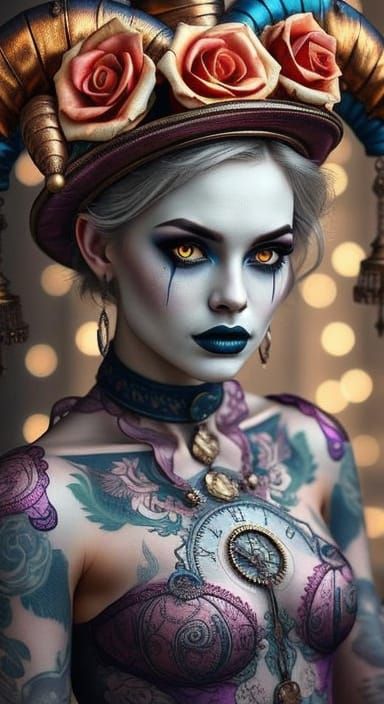 Gothic Harlequin Portrait with Steampunk Tattoos